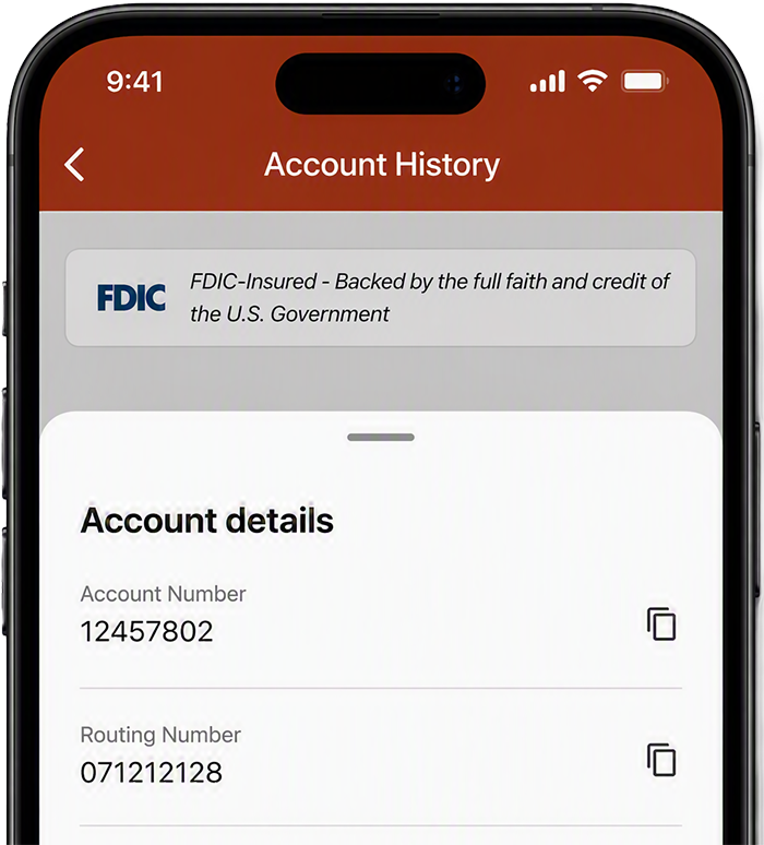 Screenshot showing where to find your checking account number and routing number in the 1st Source Bank app