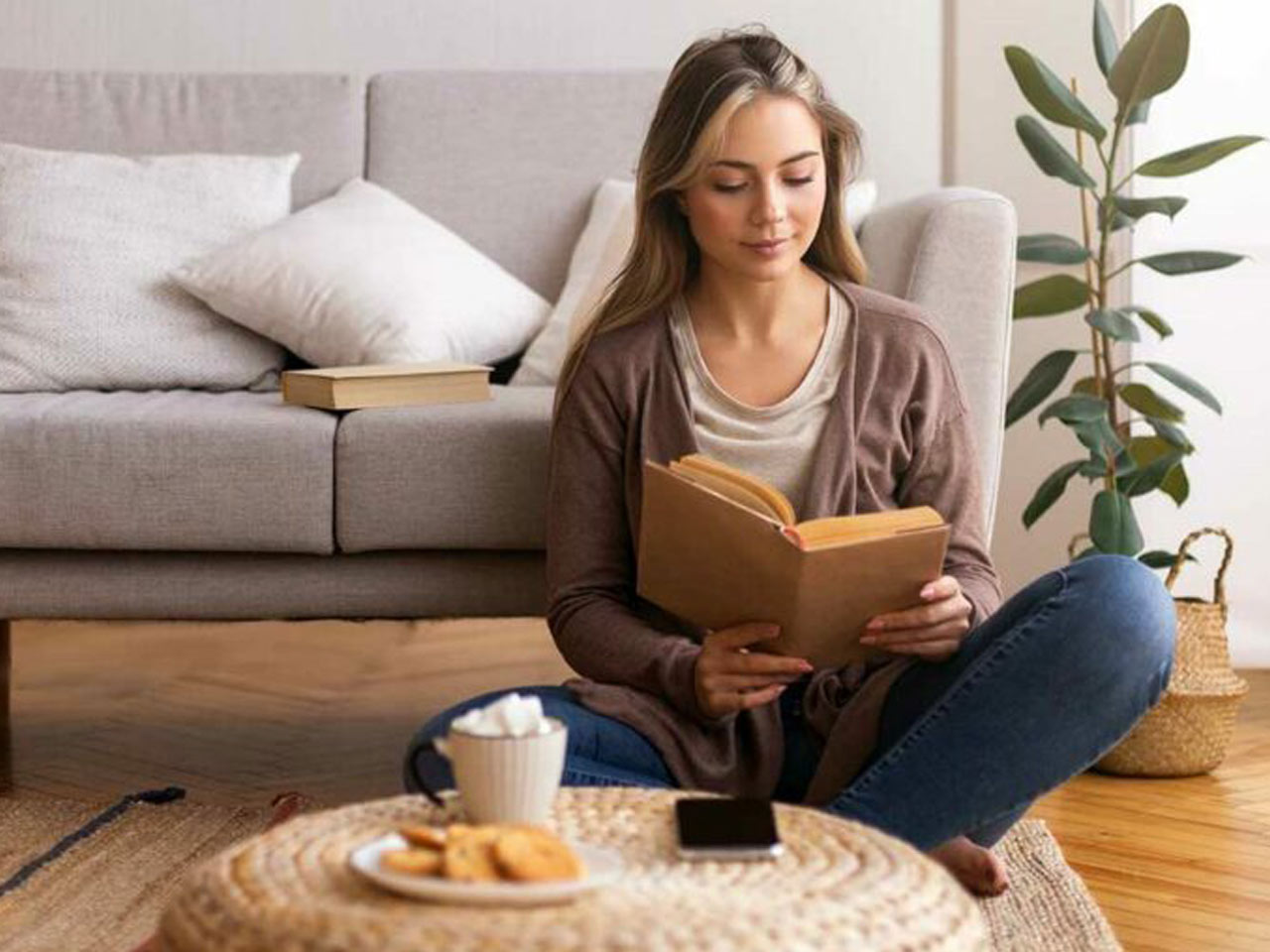 Young woman sitting on floor reading.