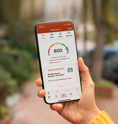 Credit score shown on smartphone screen.