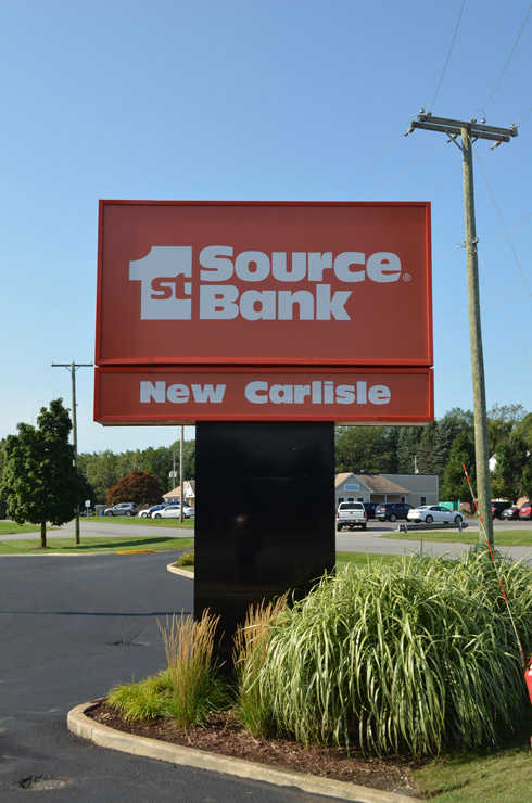 Exterior sign for the 1st Source Bank location at 848 W Michigan St New Carlisle, IN 46552