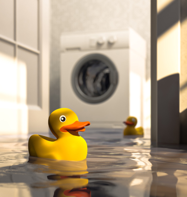 Rubber duck floating in flooded basement.