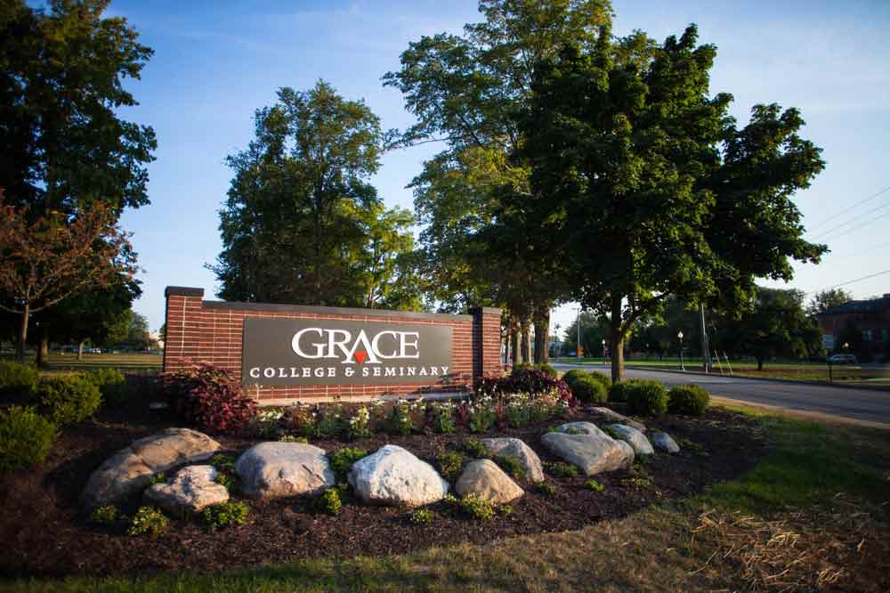 The sign for Grace College in Winona Lake, Indiana