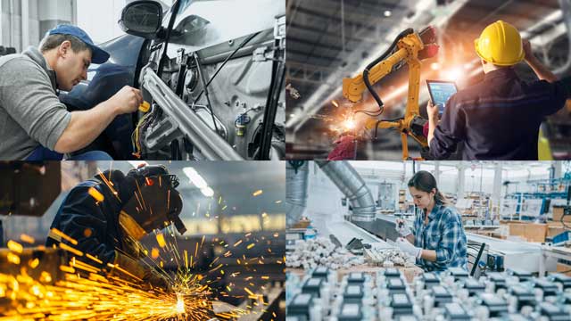 A collage of images depicting factory workers in diverse settings and industries