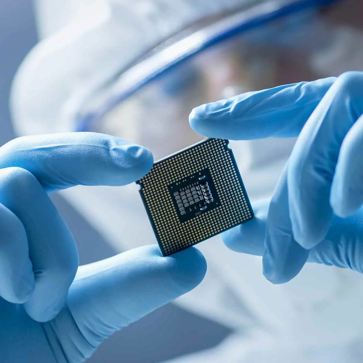 A technicianin a clean room inspecting an engineering sample of a microchip