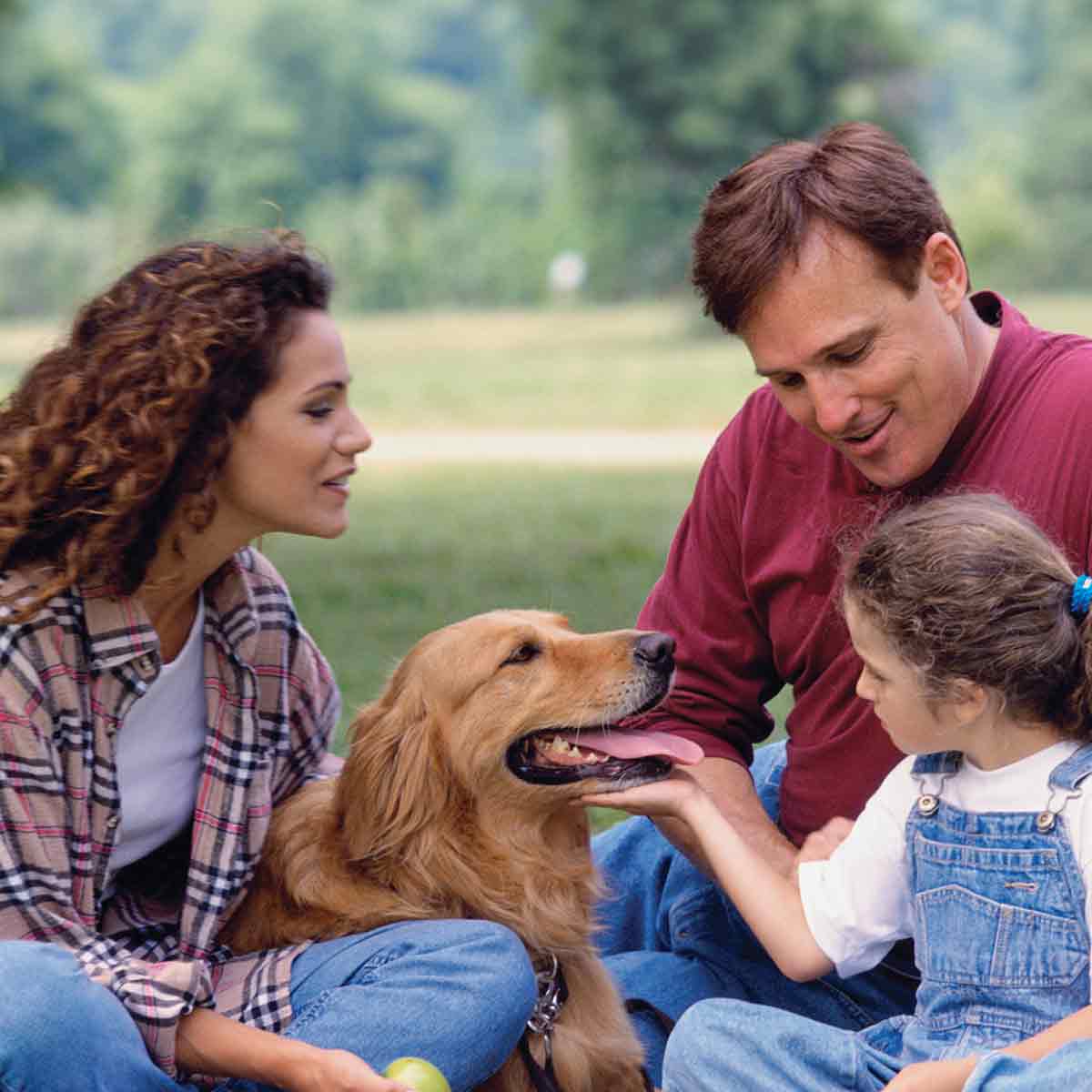 A mother, father, and daughter sitting in the park with their dog