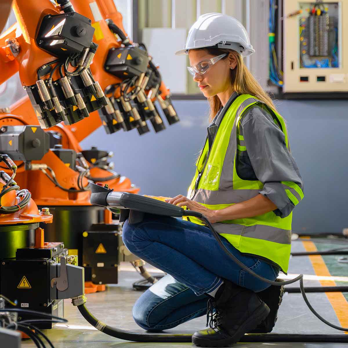 Female engineer in safety vest inspecting an industrial robot