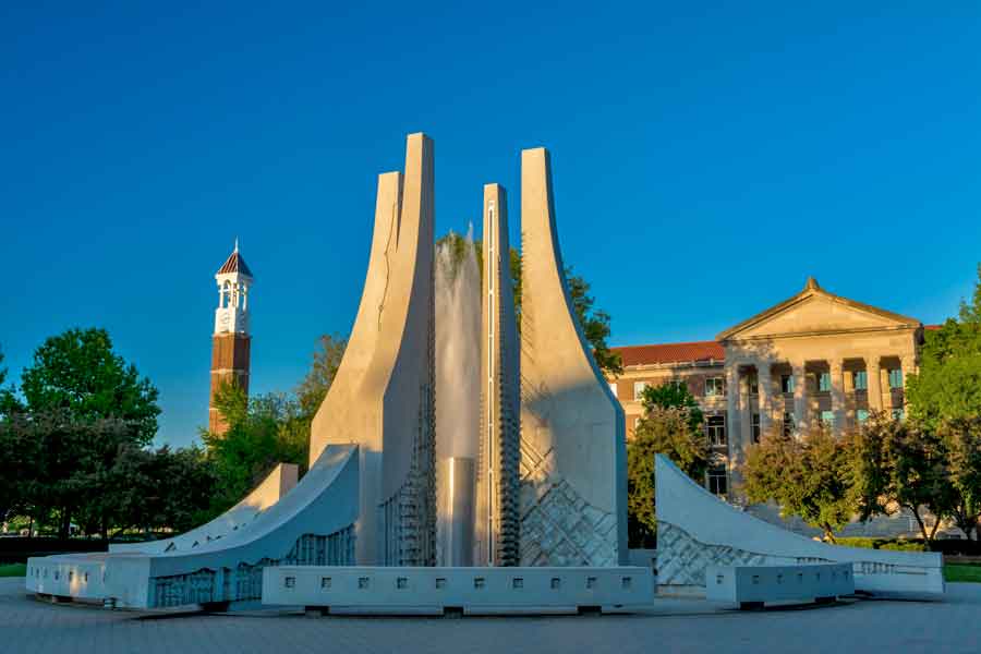 A massive white fountain on Purdue University campus in West Lafayette, Indiana.