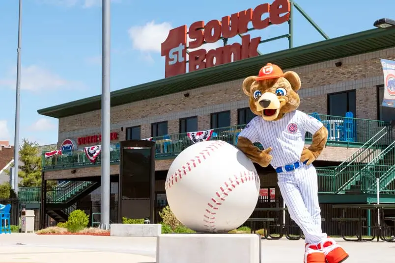 Stu the South Bend Cubs mascot outside the 1st Source Bank Performance Center