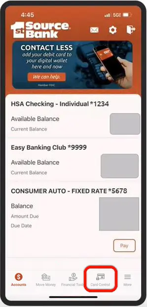 Select "Card Control" on the 1st Source Bank app to start setting up Digital Wallet