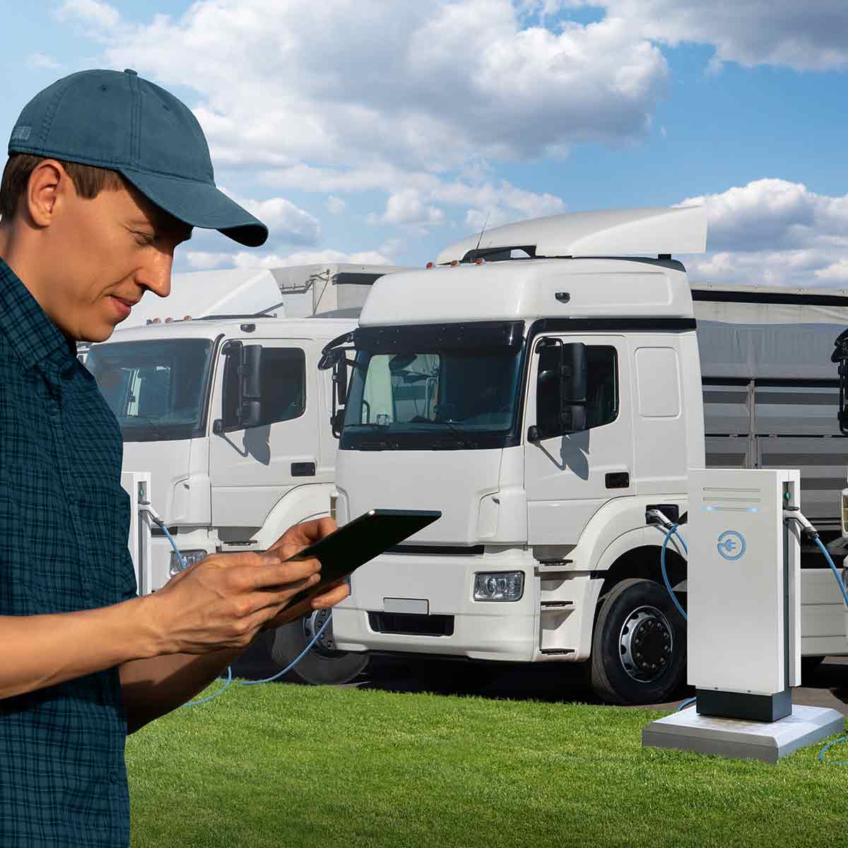Fleet manager entering data on a tablet while electric semi trucks are charging at a station
