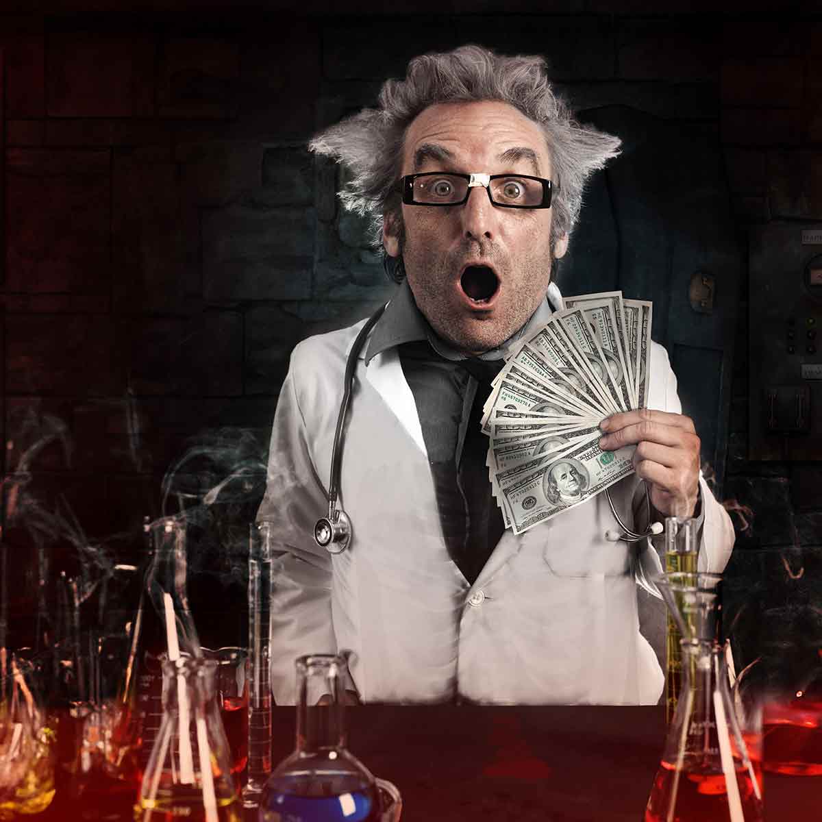 Mad scientist holding cash, surrounded by lab equipment and test tubes, symbolizing experimental approaches to saving money.