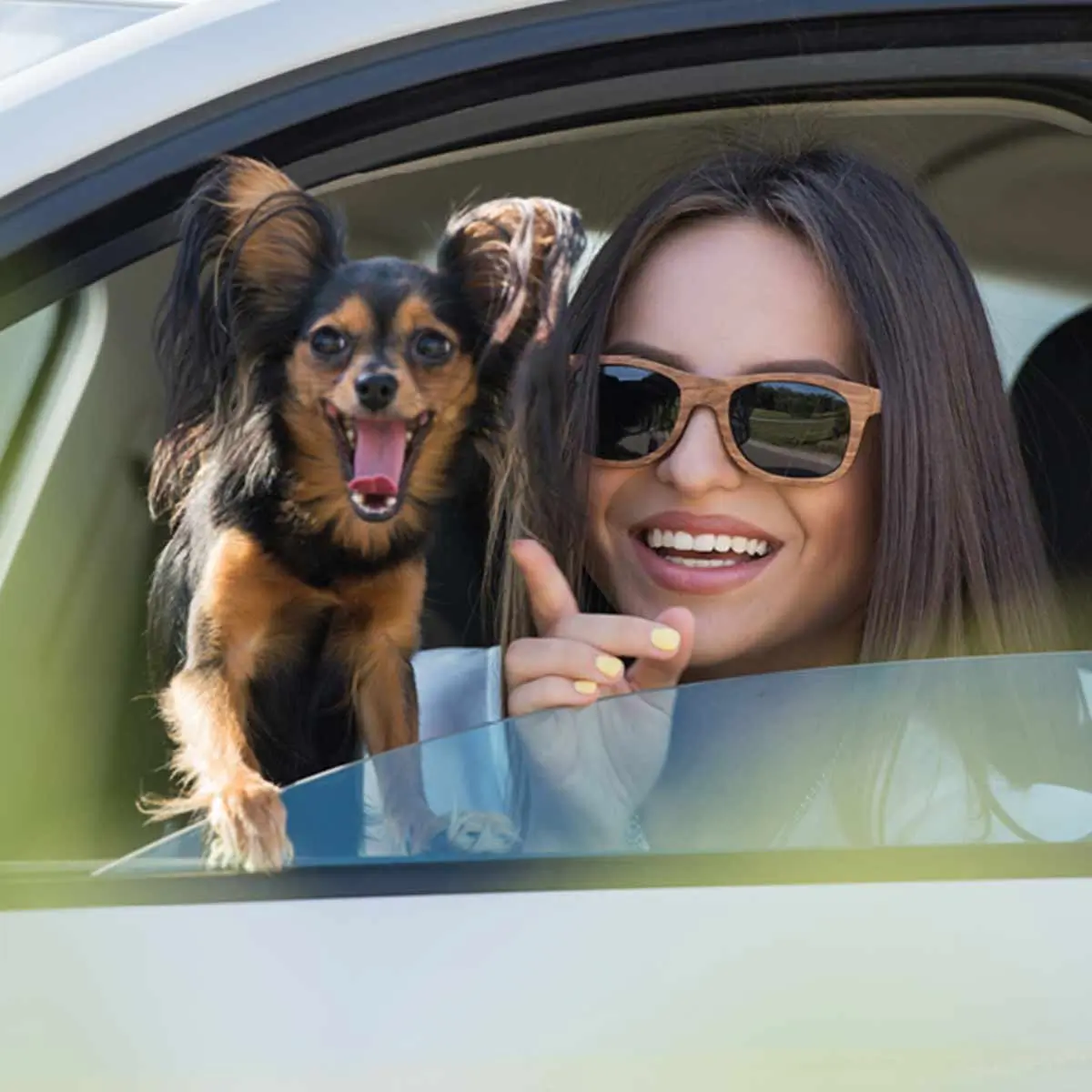 Happy woman and her dog in the car, highlighting the freedom and joy of owning a vehicle