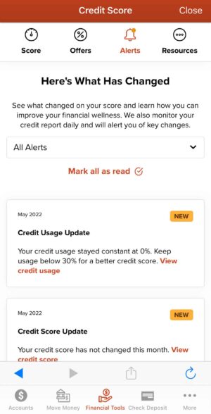 A screenshot of free credit score alerts in the 1st Source Bank online and mobile app