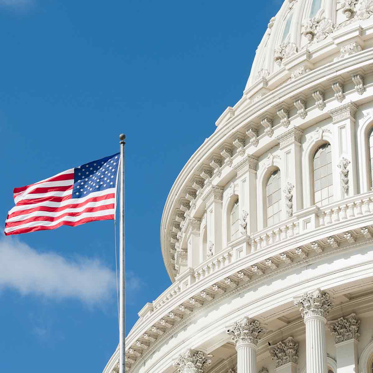 U.S. flag flying outside the Capitol building under clear skies, symbolizing the nation's resilience during fiscal challenges
