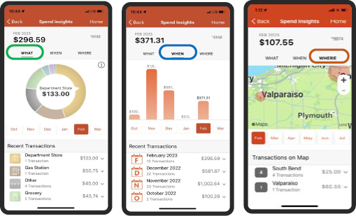 Screenshots of Spend Insights, a feature of Card Control in the 1st Source Bank app