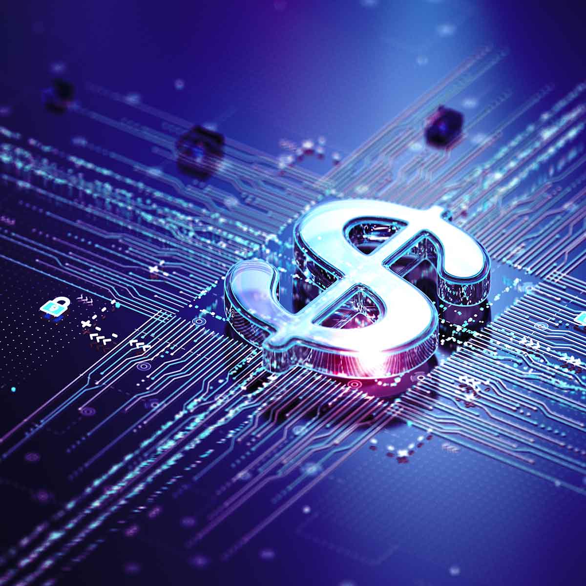 Dollar sign on a glowing blue circuit board representing cryptocurrency
