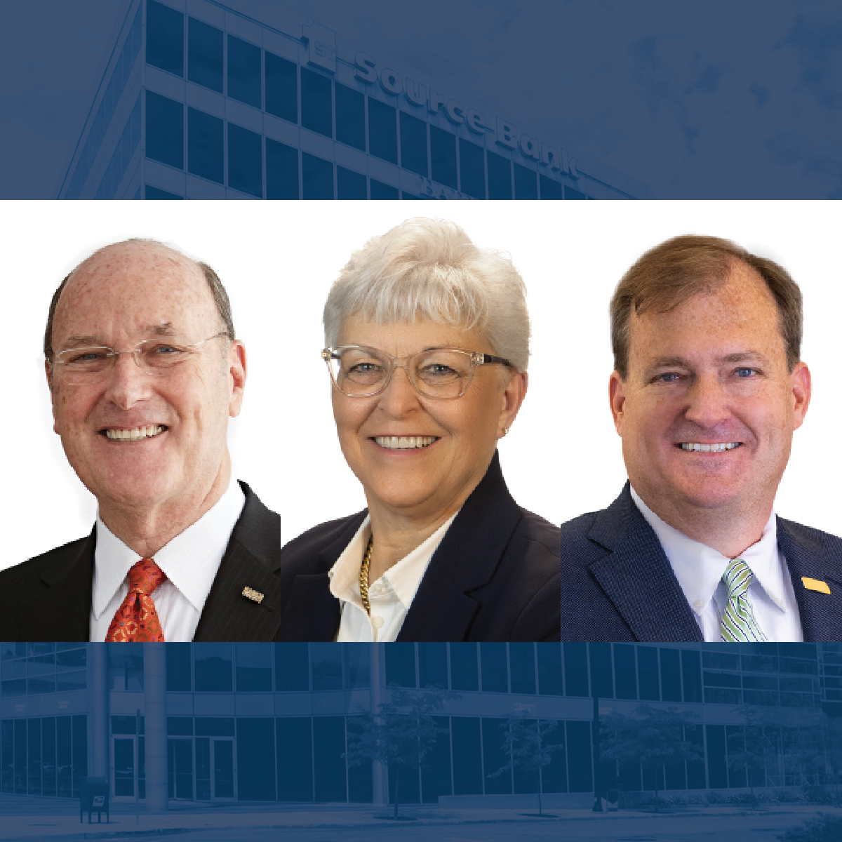 Leadership transition at 1st Source Corp and 1st Source Bank featuring Christopher J. Murphy III stepping down as CEO to become Executive Chairman, Andrea Short assuming the role of CEO and President of 1st Source Corp while retaining CEO of 1st Source Bank, and Kevin Murphy becoming President of 1st Source Bank.