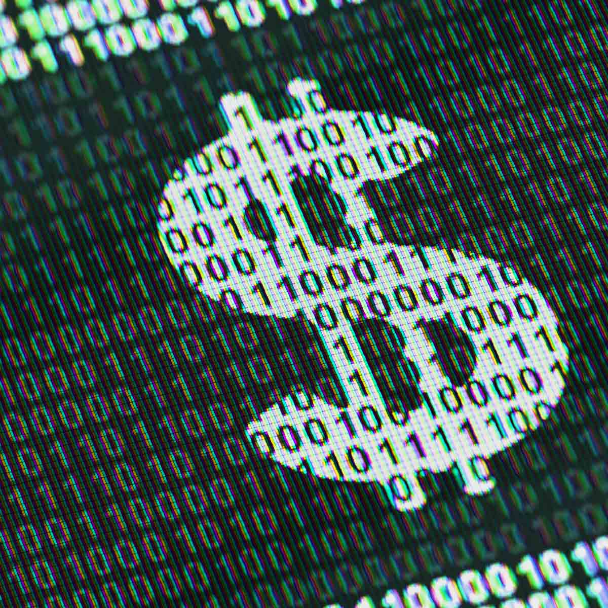 Computer screen filled with binary code forming a glowing dollar sign, symbolizing crypto currency