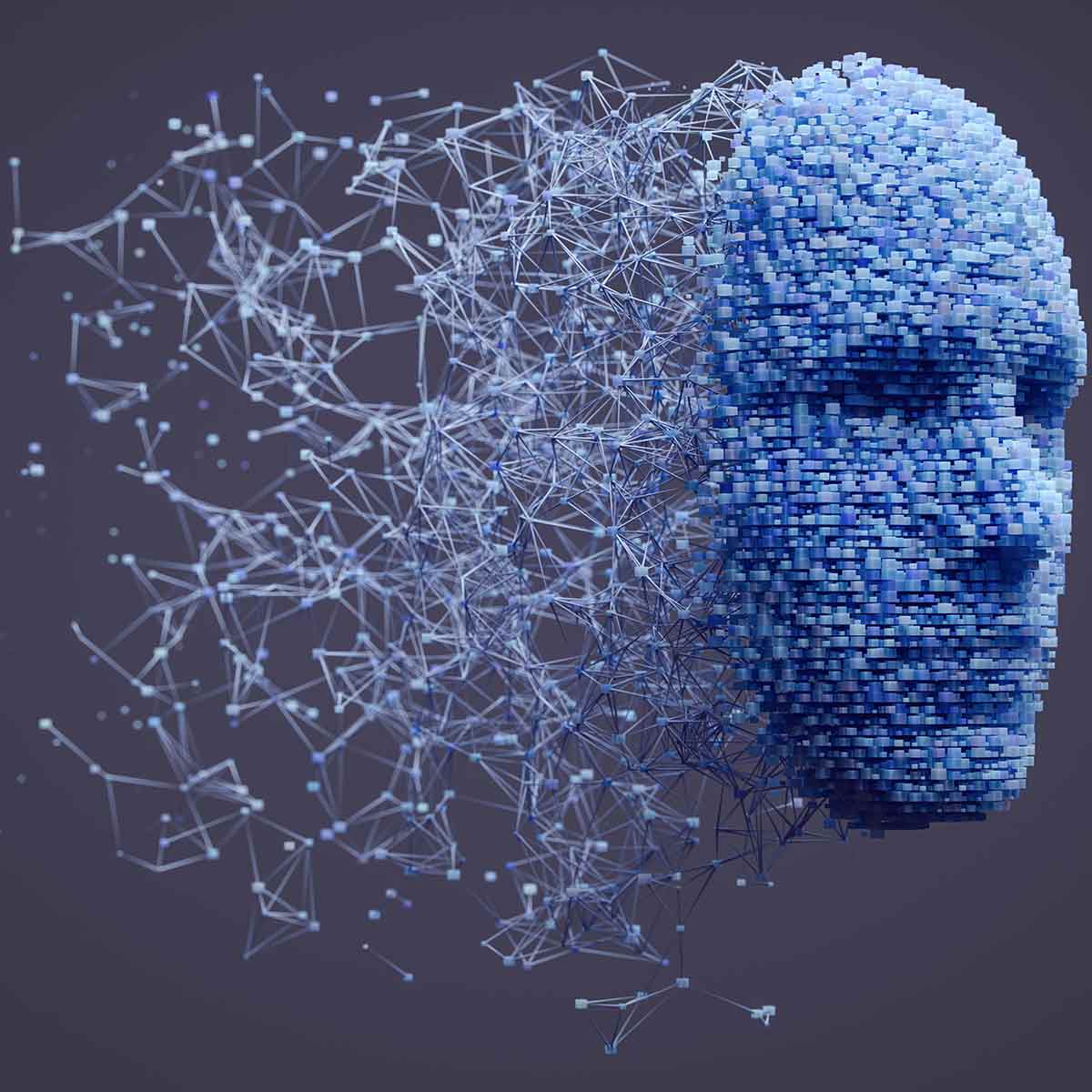 Digital face disintegrating into pixels and dust, representing the risks of AI-driven fraud and high-tech identity manipulation.