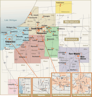 A map of 1st Source Bank locations in northern Indiana and southwest Michigan