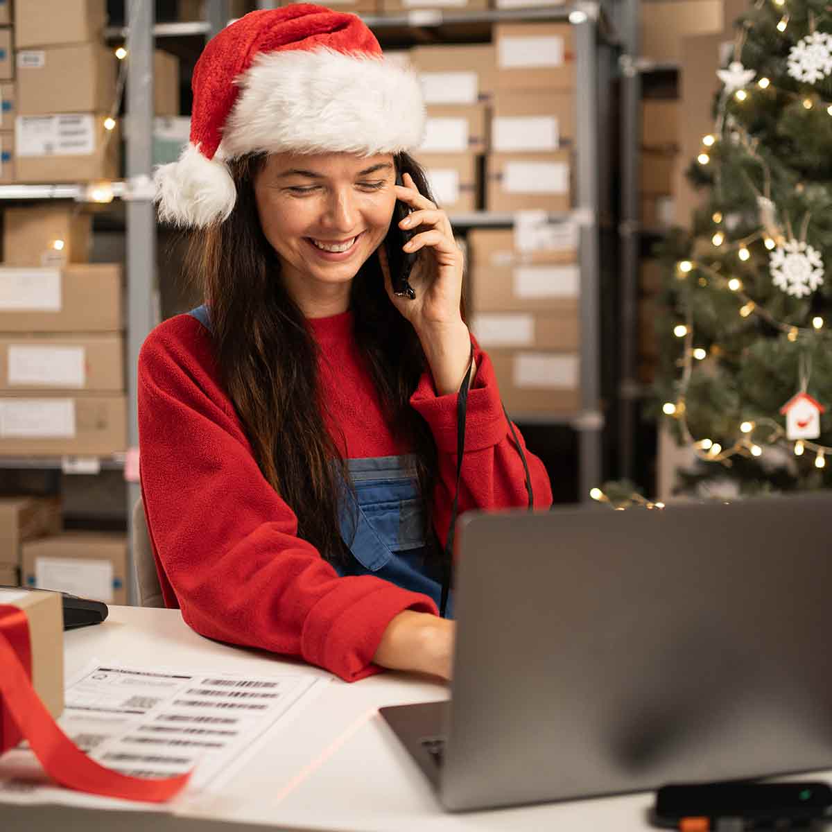 Indiana small business owner scanning boxes of inventory in front of a Christmas tree while wearing a Santa hat