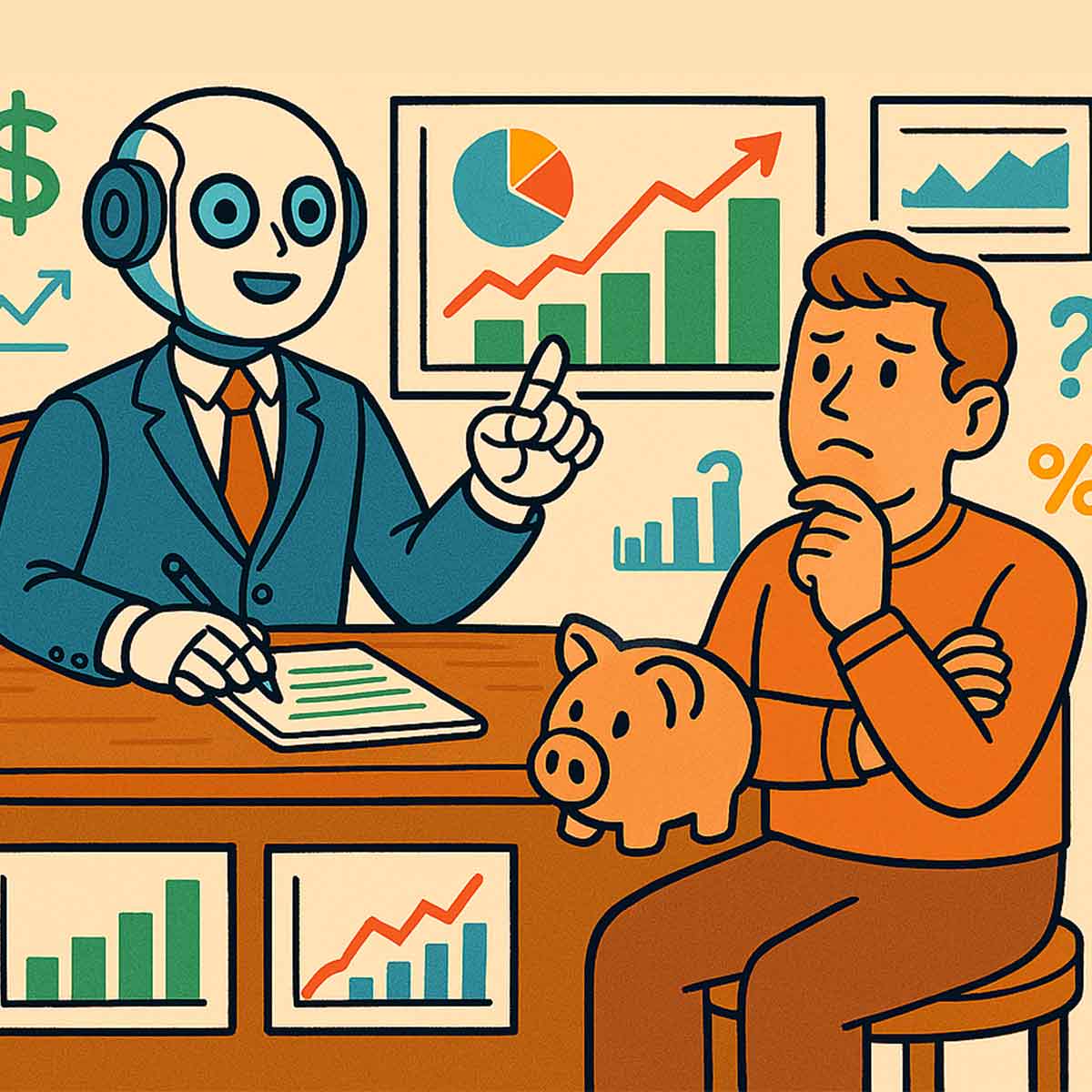 A robot banker points excitedly at financial charts while a human looks on with skepticism, showing the limits of AI financial advice.