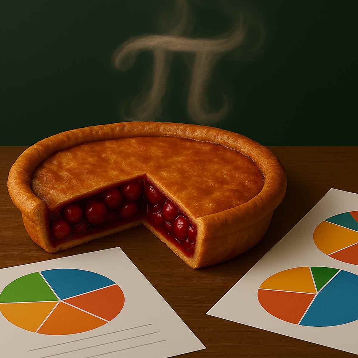 A cherry pie cooling, surrounded by pie chart printouts. Steam forms the pi symbol.