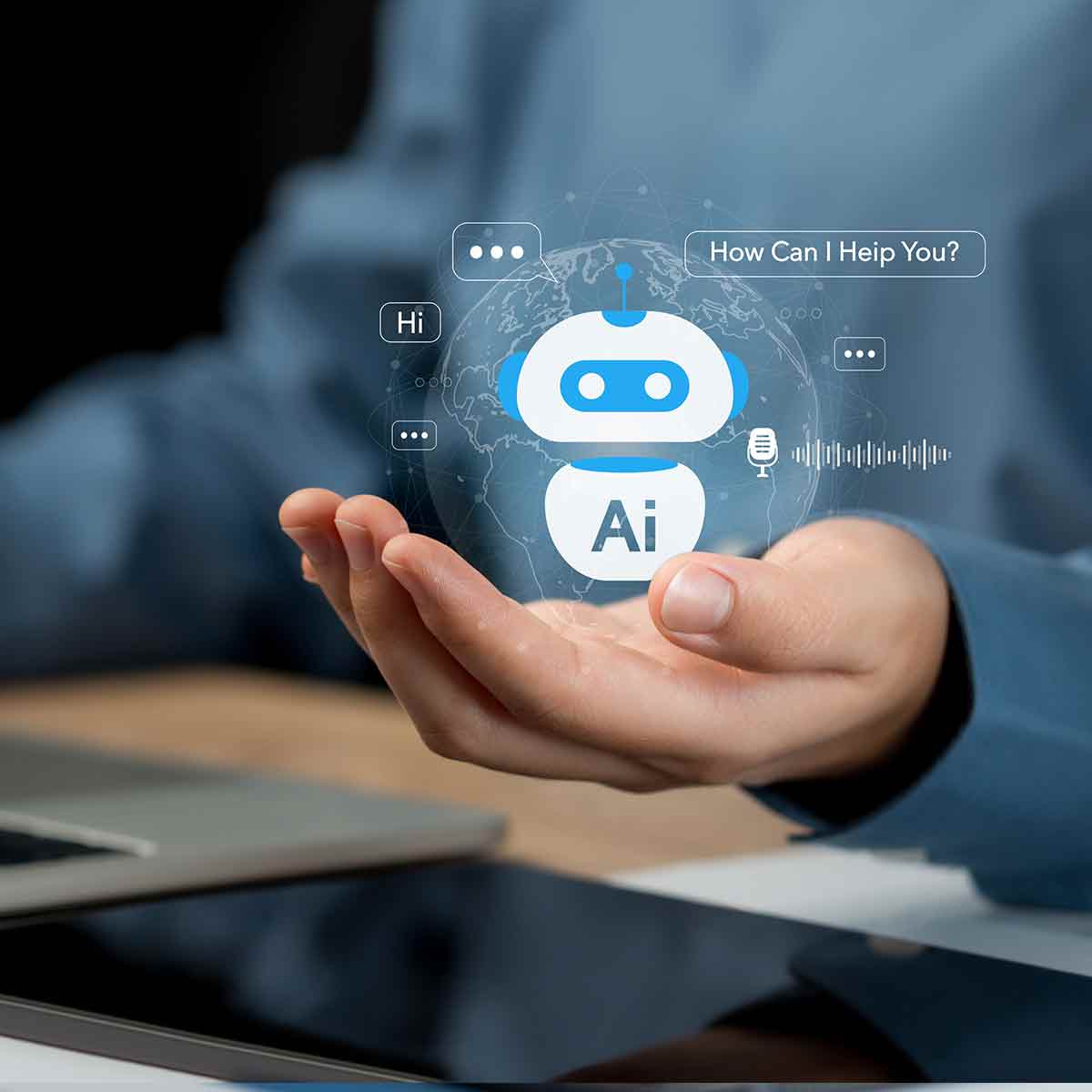 Hand presenting a virtual AI chatbot with message prompts and voice features for customer support.