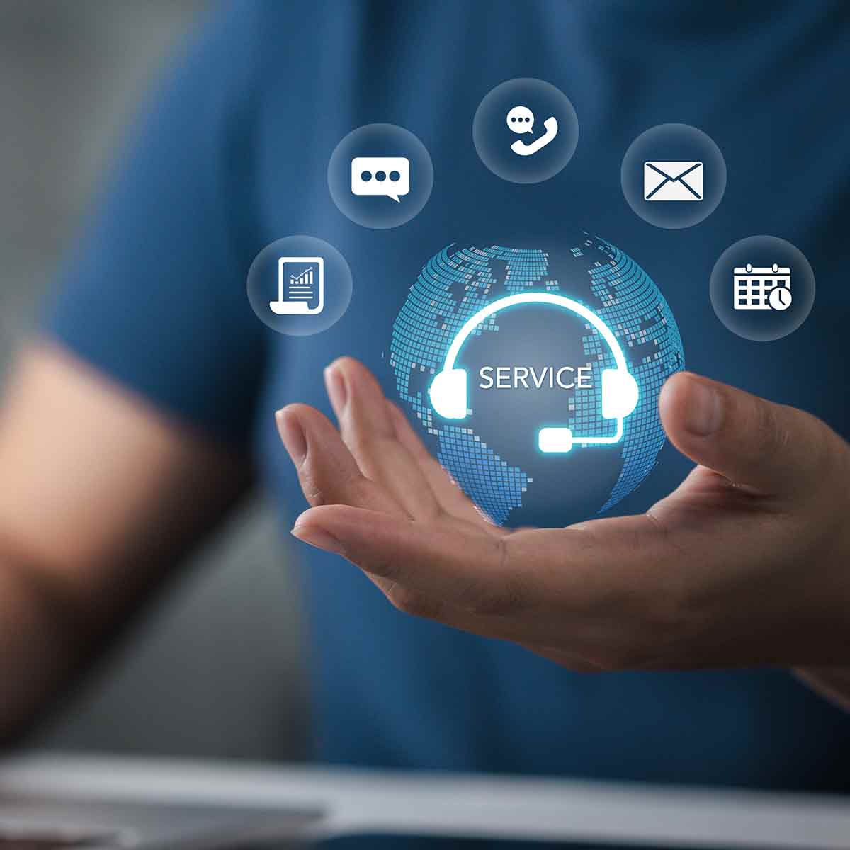 Hand holding a globe with customer service support icons, representing AI-powered services for small businesses.