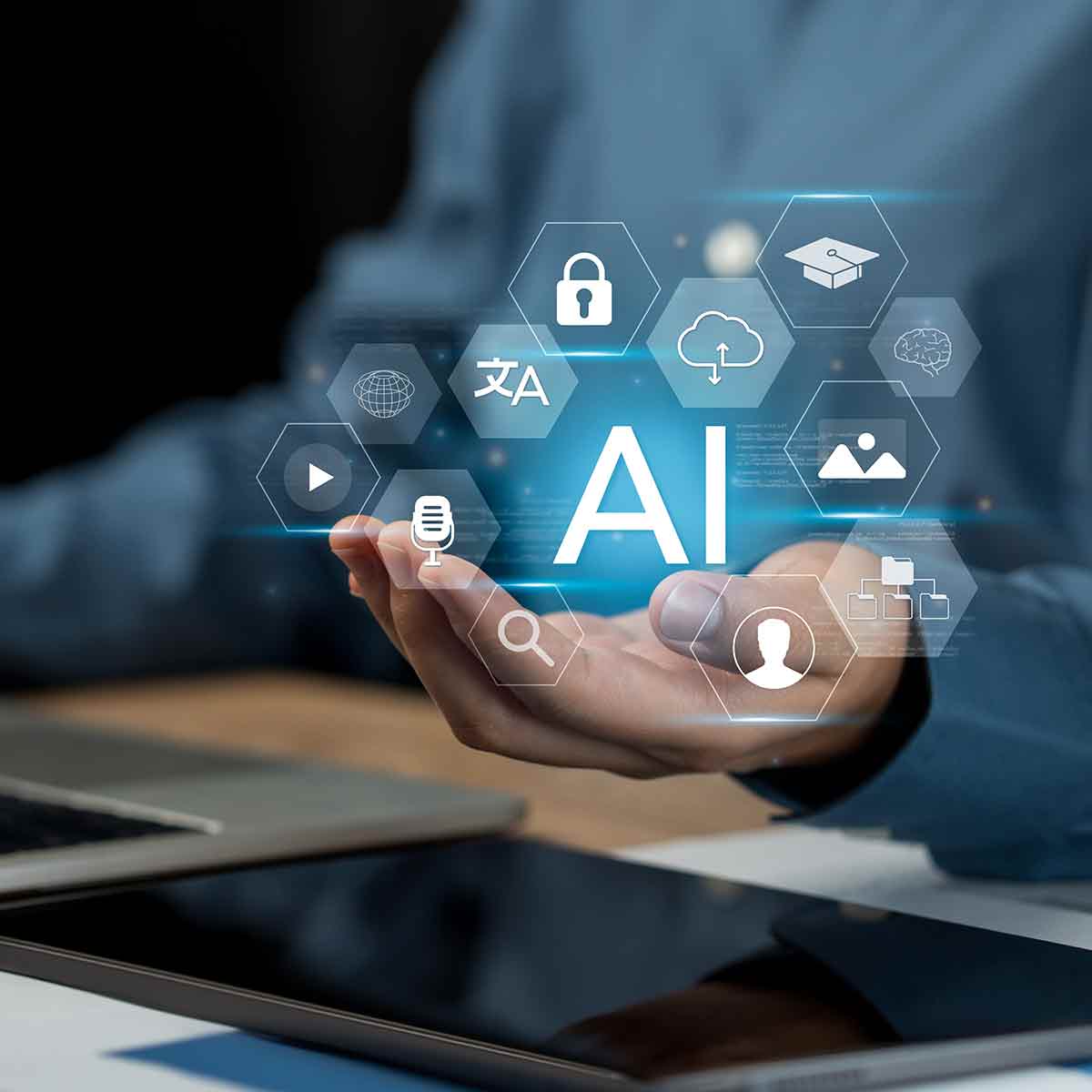 Business professional holding a digital AI interface with icons for data security, cloud tools, and governance.