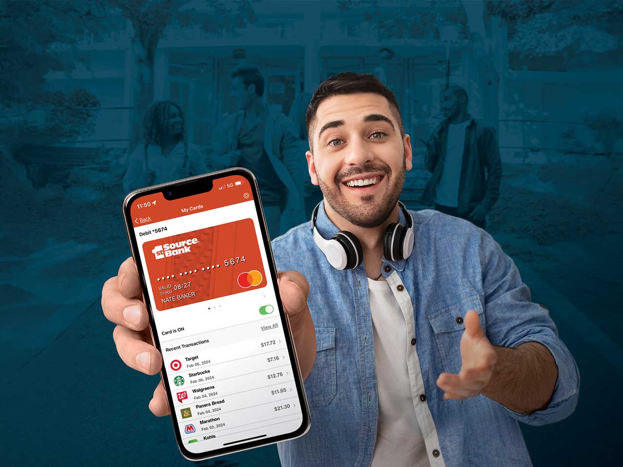 A student using the 1st Source Bank app for money management and financial wellness