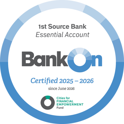 The BankOn certification seal for the 1st Source Bank Essential Checking account
