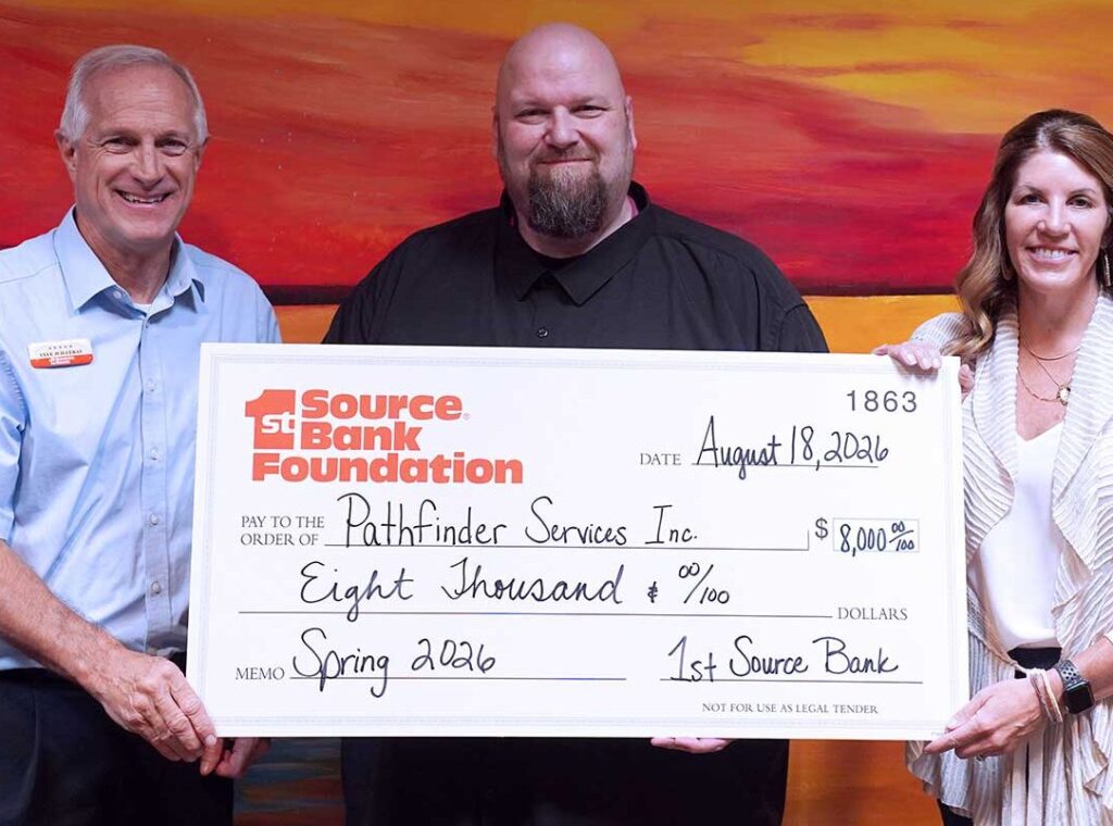 The 1st Source Bank Foundation donates a check to Pathfinder Services in Fort Wayne, IN