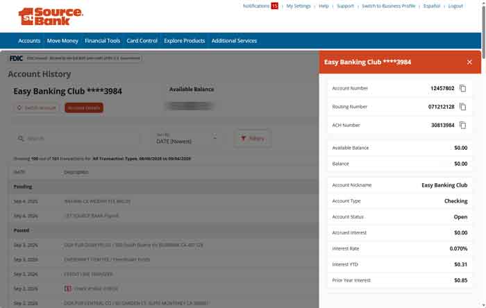 Screenshot showing where to find your checking account number and routing number in the 1st Source Bank online and mobile banking website