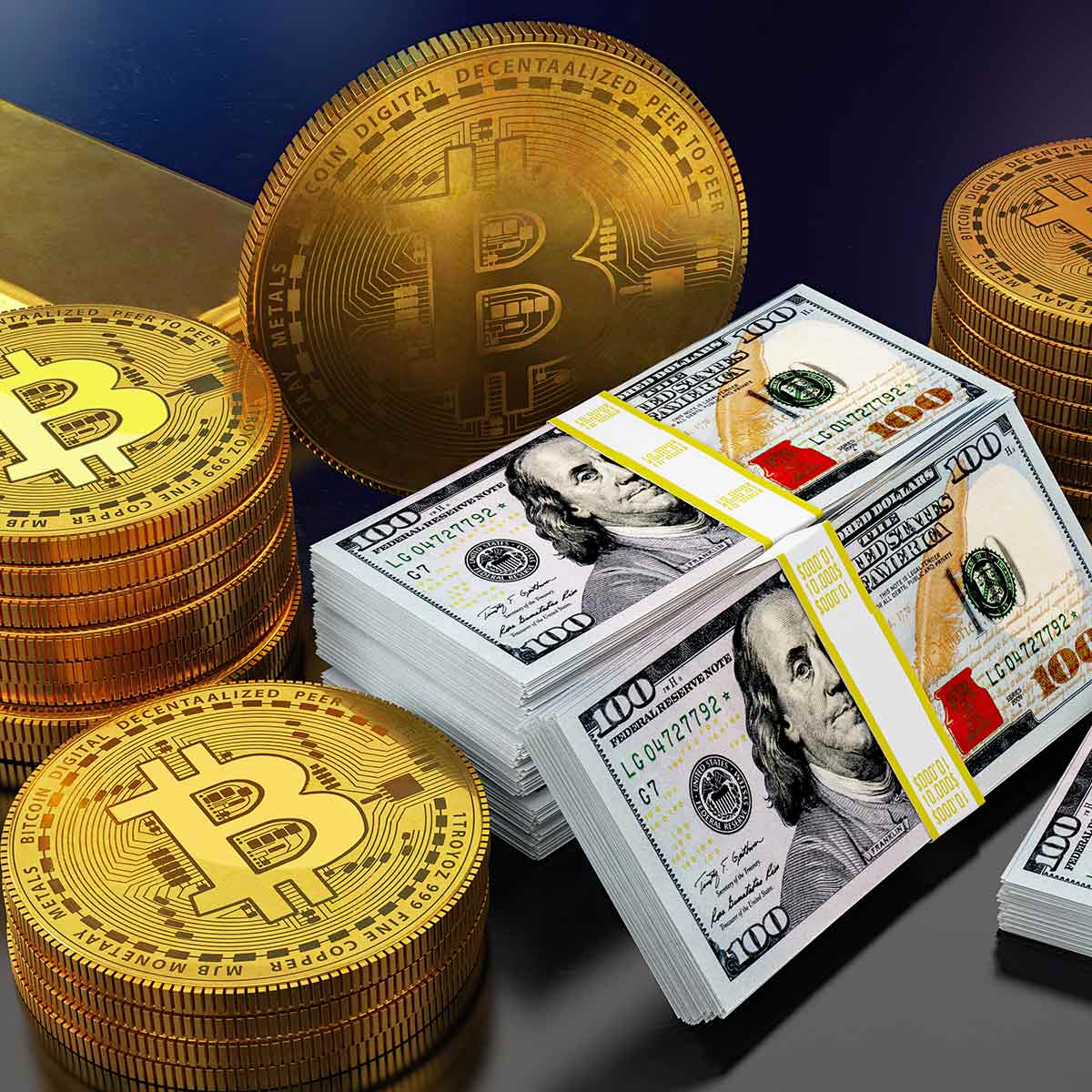 Bitcoin coins beside bundles of $100 bills